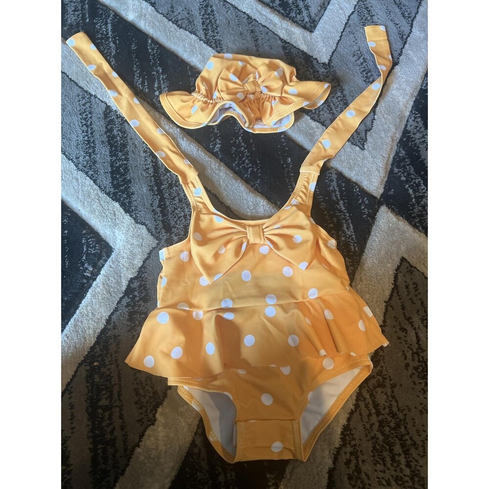 Yellow Polka Dot Toddler Swimsuit with Matching Hat 3-6 months